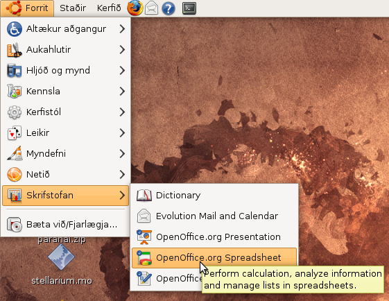 Aðalvalmynd í GNOME 2.24